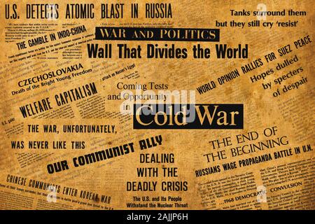 New York, USA - January 04, 2020: Newspaper headlines and text about the historic events happened during the cold war. Stock Photo