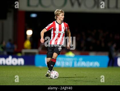 Griffin Park, London, UK. 4th Jan, 2020. English FA Cup Football, Brentford FC versus Stoke City; Jaakko Oksanen of Brentford - Strictly Editorial Use Only. No use with unauthorized audio, video, data, fixture lists, club/league logos or 'live' services. Online in-match use limited to 120 images, no video emulation. No use in betting, games or single club/league/player publications Credit: Action Plus Sports/Alamy Live News Stock Photo