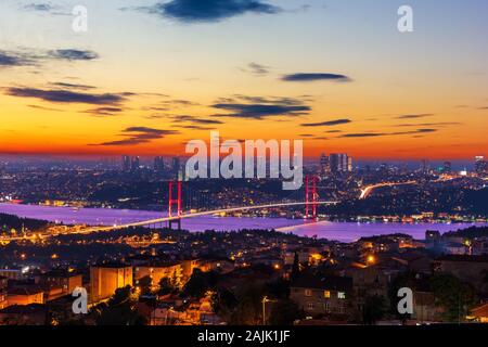 Evening Bosphorus Bridge, view from the Camlica Hill, Istanbul, Turkey Stock Photo