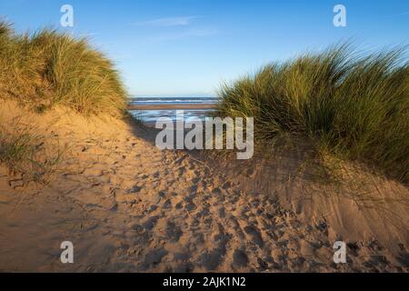 Sunrise over the sand dunes of Wells next the Sea beach at high tide, Wells-next-the-Sea, Norfolk, England, United Kingdom, Europe Stock Photo