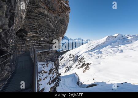 winter landscape in switzerland, view from Grindelwald first to Grindelwald. Stock Photo