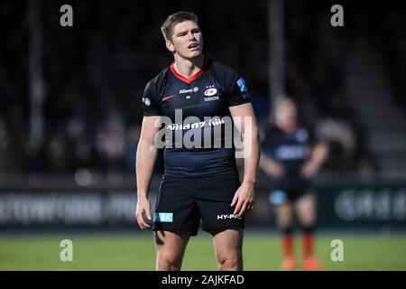 LONDON, UNITED KINGDOM. 04th, Jan 2020. Owen Farrell of Saracens takes a conversion kick during Gallagher Premiership Rugby match between Saracens vs Worcester Warriors R11 at Allianz Park on Saturday, 04 January 2020. LONDON England .  (Editorial use only, license required for commercial use. No use in betting, games or a single club/league/player publications.) Credit: Taka G Wu/Alamy Live News Stock Photo