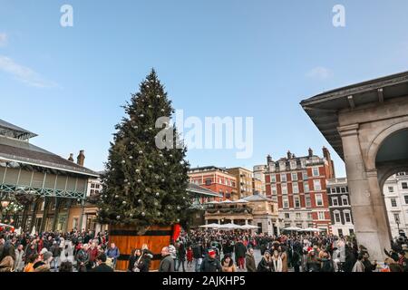 Covent Garden Christmas Tree, tourists and people, crowds at daytime, Covent Garden Piazza, London, UK Stock Photo