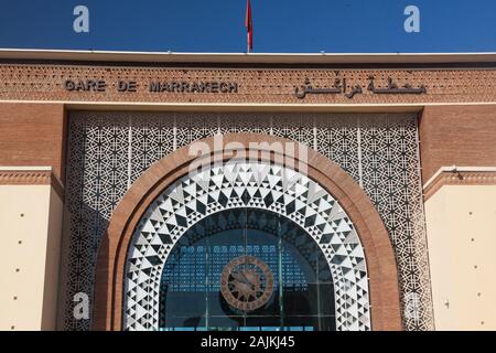 Interesting facade of railway station building in Marrakesh, Morocco Stock Photo