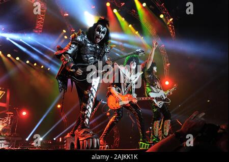 Assago Milano Italy  18/06/2013 ,Live concert of Kiss at the Mediolanum Forum , Monster World Tour : Gene Simmons 'the Demon' ,Paul Stanley'The Starchild' and Tommy Thayer 'The Spaceman' during the concert Stock Photo