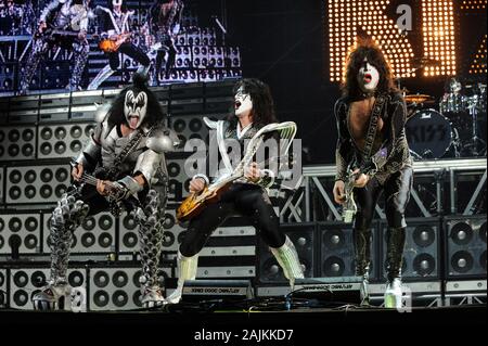 Verona Italy  05/13/2008 : Live concert of Kiss at the Arena,Kiss Alive/35 World Tour : Gene Simmons 'the Demon' ,Paul Stanley'The Starchild' and Tommy Thayer 'The Spaceman' during the concert Stock Photo