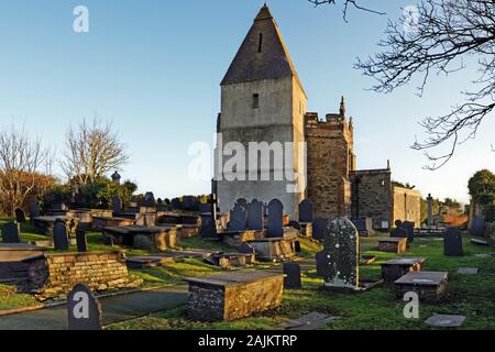 St Eilian's Church, Llaneilian, Anglesey, is a medieval church with a tower dating back to the twelfth century and well preserved medieval interior. Stock Photo