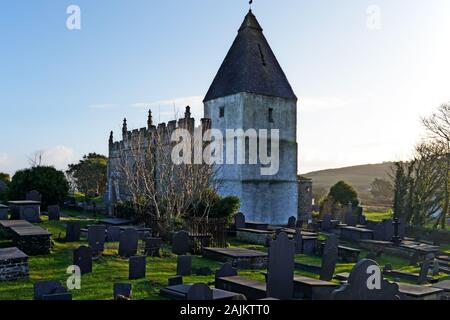 St Eilian's Church, Llaneilian, Anglesey, is a medieval church with a tower dating back to the twelfth century and well preserved medieval interior. Stock Photo