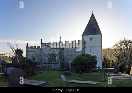 St Eilian's Church, Llaneilian, Anglesey, is a medieval church with a tower dating back to the twelfth century and well preserved medieval interior. Stock Photo