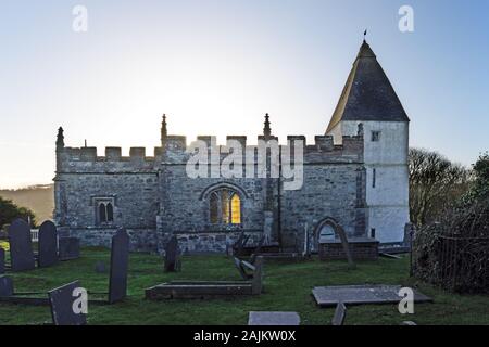 St Eilian's Church, Llaneilian, Anglesey, is a medieval church with a tower dating back to the twelfth century and well preserved medieval interior. Stock Photo