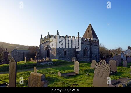 St Eilian's Church, Llaneilian, Anglesey, is a medieval church with a tower dating back to the twelfth century and well preserved medieval interior. Stock Photo