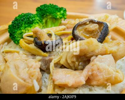 Close up shot of a cantonese style chicken mushroom rice, ate at Taipei, Taiwan Stock Photo