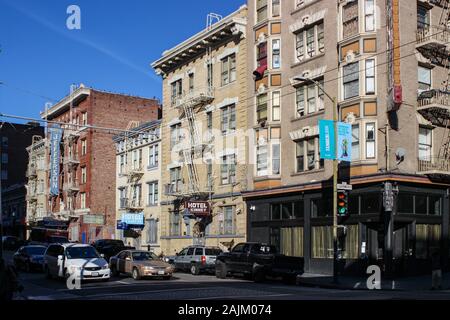 Tenderloin district street view with supportive housing hotels in San Francisco, United States of America Stock Photo