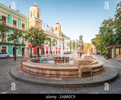 Plaza de Armas, town square with fountain in the city centre of Old San Juan, Puerto Rico. Stock Photo