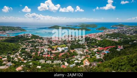 Panoramic landscape view of city, bay and cruise port of Charlotte Amalie, St Thomas, US Virgin Islands. Stock Photo