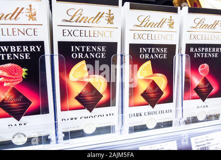 Samara, Russia - December 1, 2019: Lindt Exellence Chocolates package on supermarket shelf. Lindt is a Swiss chocolatier and confectionery company Stock Photo