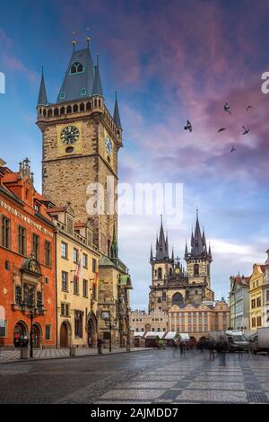 Prague, Czech Republic - The Old Town Square with Old City Hall building with the Astronomical Clock tower and Church of Our Lady before Týn on a Dece Stock Photo