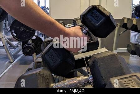Body weights and dumbbells for arms, legs and bodybuilding biceps, triceps and chest, back. Modern gym for training every day. Stock Photo