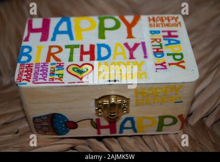 Krelingen, Germany, April 3, 2019: A small box on which is written in colored felt-tip pens: Happy Birthday Stock Photo