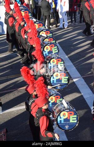 Pasadena, California, USA. 1st Jan, 2020. The Rancho Verde Crimson Regiment Band, of Moreno Valley, performs during the 2020 Rose Parade. Credit: Catherine Bauknight/ZUMA Wire/Alamy Live News Stock Photo