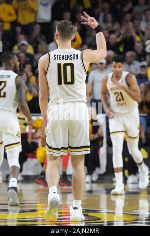 Wichita, Kansas, USA. 04th Jan, 2020. Wichita State Shockers guard Erik Stevenson (10) reacts to one of his five three pointers during the NCAA Basketball Game between the Ole Miss Rebels and the Wichita State Shockers at Charles Koch Arena in Wichita, Kansas. Kendall Shaw/CSM/Alamy Live News Stock Photo
