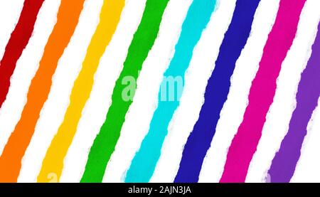 Strips of multi-colored colorful paper, all colors of the rainbow and white isolated paper with torn edges between them. Ability to cut any strip Stock Photo