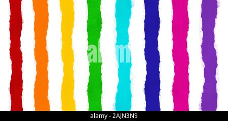 Strips of multi-colored colorful paper, all colors of the rainbow and white isolated paper with torn edges between them. Ability to cut any strip Stock Photo