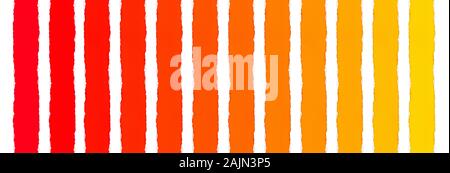 Strips of multi-colored paper with a smooth gradient from bright red to sunny yellow and white isolated paper with torn edges between them. Ability to Stock Photo