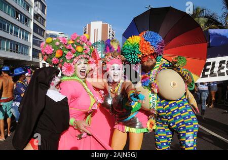 Rio de Janeiro, January 31, 2015. Revelers during the parade of the block Banda de Ipanema in the street carnival of the city of Rio de Janeiro, Brazi Stock Photo