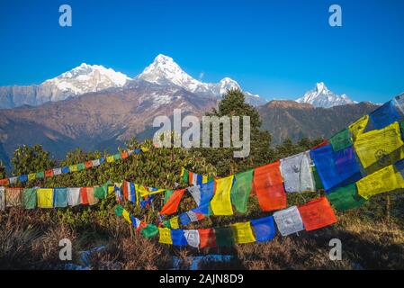 Annapurna peak and Prayer flag on poon hill, nepal Stock Photo