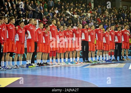 Torrelavega, Spain. 04th Jan, 2020. Torrelavega, SPAIN: The Polish national team listens to the national anthem during the second day of the XLV International Tournament of Spain 2020 between Spain and Poland with a Spanish victory 35-31 at the Vicente Trueba Pavilion in Torrelavega, Spain on January 4, 2020. (Photo by Alberto Brevers/Pacific Press) Credit: Pacific Press Agency/Alamy Live News Stock Photo