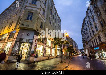 BRNO, CZECHIA - NOVEMBER 5, 2019: People rushing and walking in a pedestrian street of Brno, Orli Ulice, at dusk surrounded by closed shops and boutiq Stock Photo