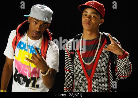 (L-R) Rappers Dominic 'Legacy' Thomas, Earl 'Ben J' Benjamin of New Boyz portrait on set at New Boyz featuring Ray J 'Tie Me Down' Music Video on August 17, 2009 in Los Angeles, California. Stock Photo