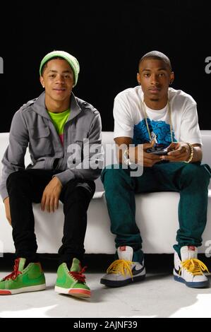 (L-R) Rappers Earl 'Ben J' Benjamin and Dominic 'Legacy' Thomas of New Boyz portrait on set at New Boyz featuring Ray J 'Tie Me Down' Music Video on August 17, 2009 in Los Angeles, California. Stock Photo