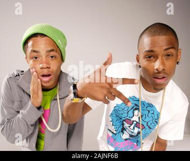 (L-R) Rappers Earl 'Ben J' Benjamin and Dominic 'Legacy' Thomas of New Boyz portrait on set at New Boyz featuring Ray J 'Tie Me Down' Music Video on August 17, 2009 in Los Angeles, California. Stock Photo