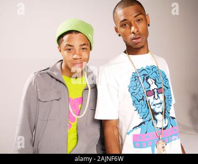 (L-R) Rappers Earl 'Ben J' Benjamin and Dominic 'Legacy' Thomas of New Boyz portrait on set at New Boyz featuring Ray J 'Tie Me Down' Music Video on August 17, 2009 in Los Angeles, California. Stock Photo