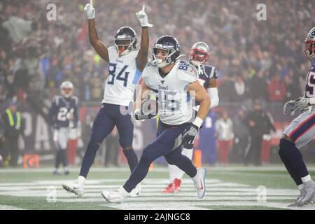 Foxborough, USA. 05th Jan, 2020. Tennessee Titans tight end Anthony Firkser (86) runs through the end zone after scoring on a 12-yard touchdown reception in the first quarter against the New England Patriots in the NFL Wild Card game at Gillette Stadium in Foxborough, Massachusetts on Saturday, January 4, 2020. The Titans defeated the Patriots 20-13. Photo by Matthew Healey/UPI Credit: UPI/Alamy Live News Stock Photo