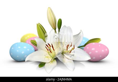 Beautiful white Easter lily flowers and polka dot eggs in blue, pink, and yellow Stock Photo