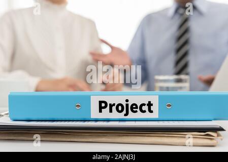 select focus at projects files with business partners are planning to work. Stock Photo