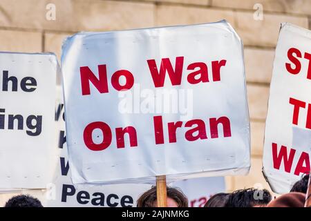 January 4, 2020 San Jose / CA / USA - Close up of No War On Iran sign raised at the anti-war protest in front of the Cityhall in downtown San Jose; Stock Photo