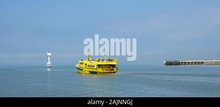 Malacca, Malaysia - Aug 19, 2014. A ferry running on the sea in Malacca, Malaysia. Malacca (Melaka) was included in the list of UNESCO World Heritage Stock Photo