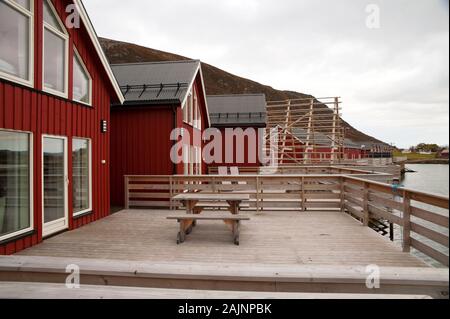 Lofoten Islands, traditional red wooden houses on fiord - accomodations - housing Stock Photo