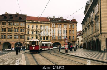 Prague, Czechia - Oct 27, 2018. Retro tram at old town of Prague (Praha), Czechia. The Prague tram network is the third largest in the world. Stock Photo