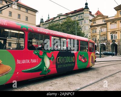 Prague, Czechia - Oct 27, 2018. Retro tram at old town of Prague (Praha), Czechia. The Prague tram network is the third largest in the world. Stock Photo