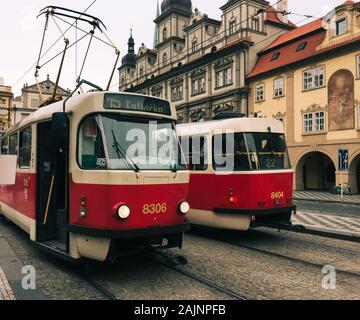 Prague, Czechia - Oct 27, 2018. Retro tram at old town of Prague (Praha), Czechia. The Prague tram network is the third largest in the world. Stock Photo