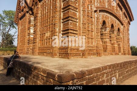 Bishnupur, West Bengal/India - February 6 2018:  The ornate details on the terracotta walls and arches of the ancient Jor Bangla temple built by the M Stock Photo