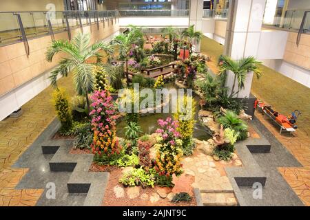 Singapore - March 5, 2018 - An orchid garden and koi pond welcome travelers in Singapore's world-renowned Changi Airport Stock Photo