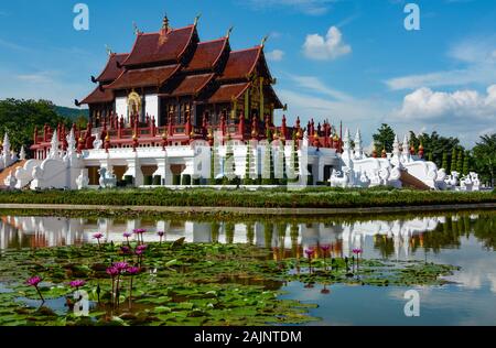 Ho Kham Luang Royal Pavilion and water lily pond at Royal Park Rajapruek in Chiang Mai, Thailand Stock Photo