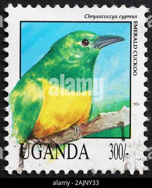 Emerald cuckoo, tropical bird on ugandan postage stamp Stock Photo