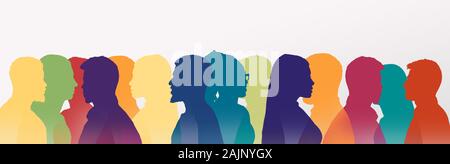 Communication concept. Multicolored silhouettes of people talking to each other over white background, panorama Stock Photo